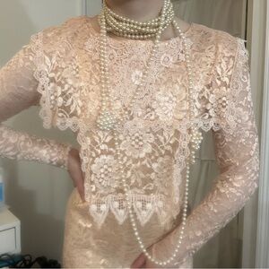 LACE SHEER DRESS BEIGE VINTAGE RUFFLE 80s 90s EDWARDIAN VICTORIAN